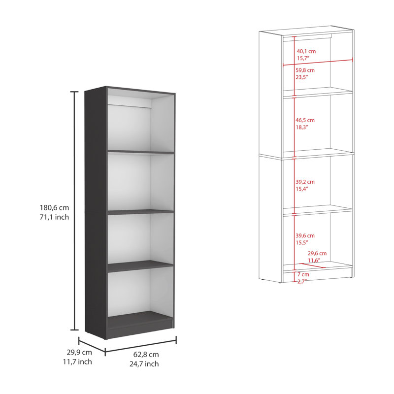 Bibliothèque maison avec présentoir moderne à 4 tablettes pour livres et décoration, Blanc / Gris