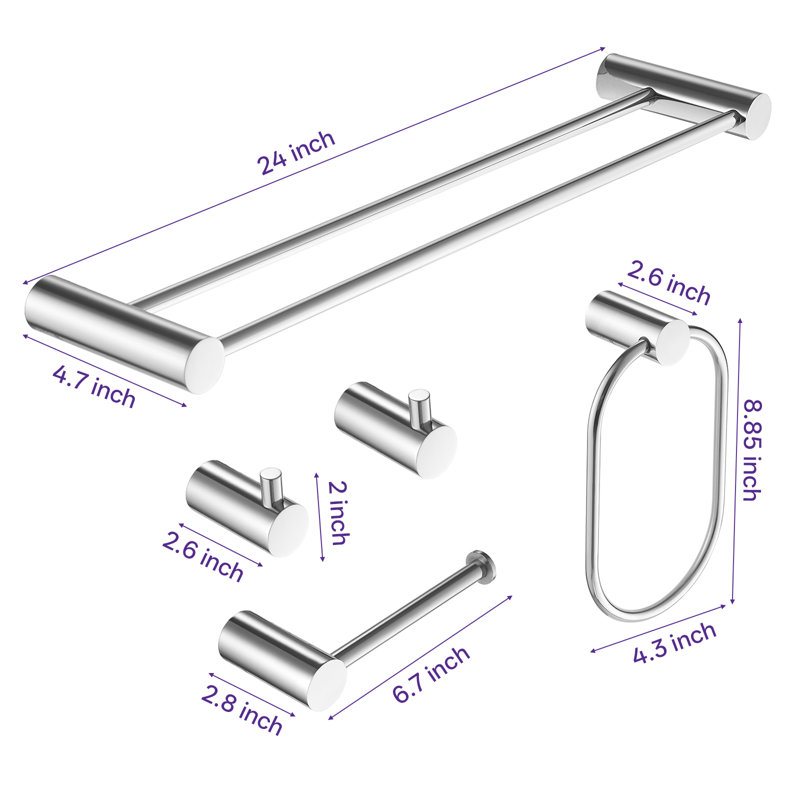 5-Piece Bath Hardware Set With 24 In. Towel Rack, Towel Bar Toilet Paper Holder Towel Ring Towel Hook In Polished Chrome