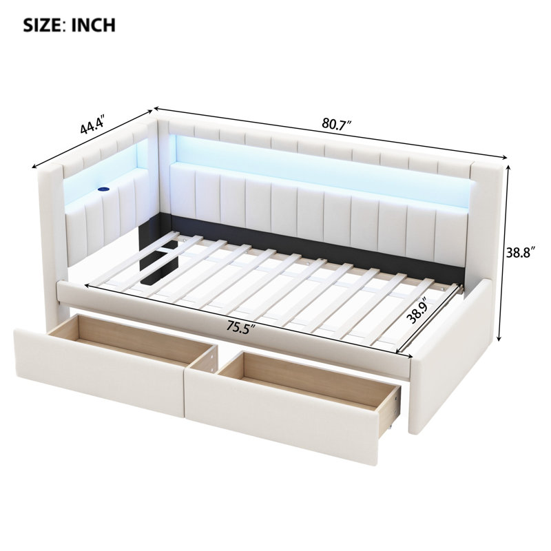 Lit plateforme tapissier simple avec ports USB, éclairage à DEL et 2 tiroirs de rangement - Structure de lit simple peu encombrante, blanc