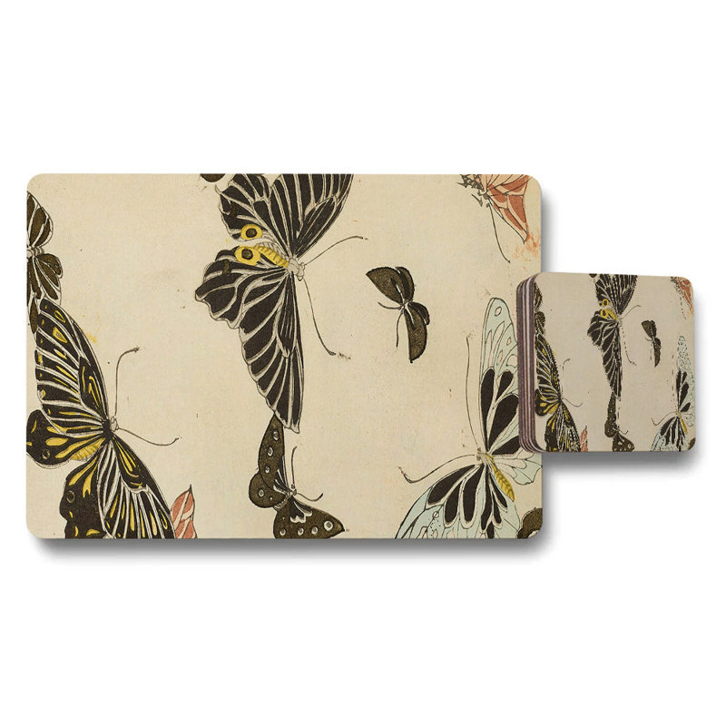 Butterfly Placemats And Coaster Set Beige Vintage Botanical