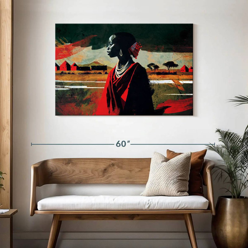 Ethnique africain en rouge sur toile, H 30 po x l 45 po x P 1,25 po