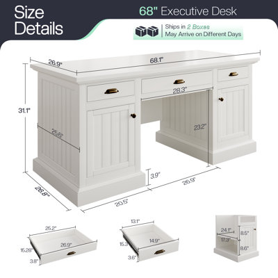 68" Farmhouse Executive Desk With 3 Drawers And 2 Cabinets