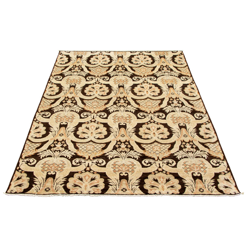 Tapis unique en laine noué à la main 6 pi 9 po x 9 pi 6 po crème / brun nouvel âge 18/20
