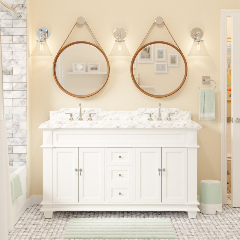 Ensemble de meuble-lavabo double 60 po Ensa, Blanc, Marbre de Carrare
