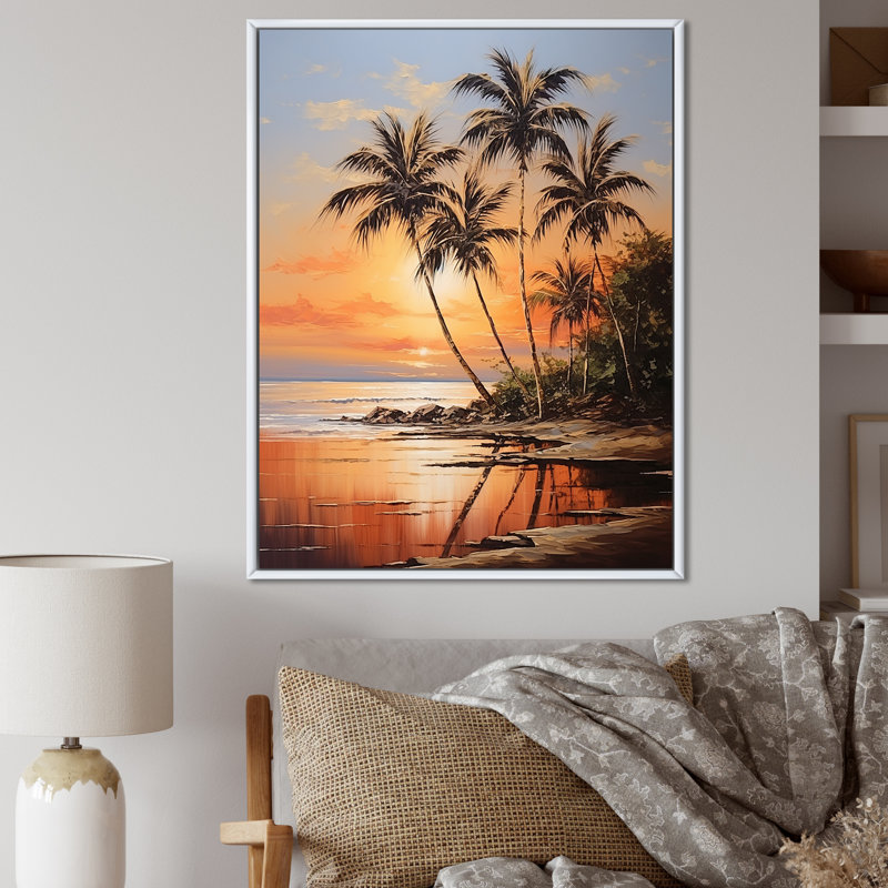 «Palm Tree Tropical Getaway Sunset Bronze Beach II», reproduction sur toile, Cadre flottant blanc, H 32 po x l 16 po x P 1 po