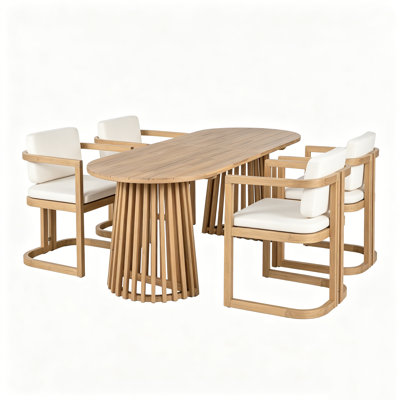 Ensemble repas pour 4 personnes en bois d'acacia avec base piédestal à lattes et coussins Solara