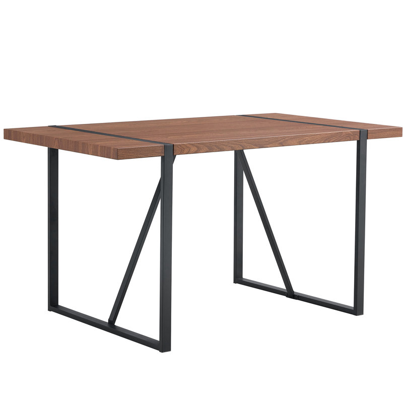 4 tables de salle à manger avec table rectangulaire brune et chaises en métal noir, 4 supports de surface texturés de style rétro, minimaliste