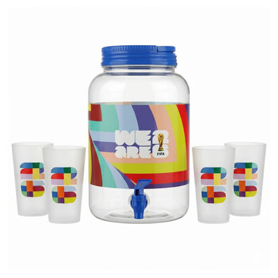 FIFA Plastic 1.4 Gal Beverage Dispenser with Blue Handle & 4 Plastic Cups 18.5 OZ.