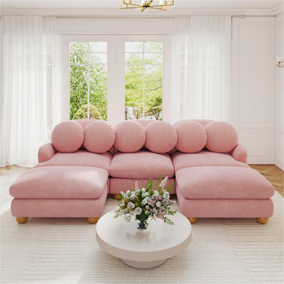 Canapé modulaire confortable en chenille Comfy, canapé 5 places profond avec 6 coussins décoratifs, repose-pieds mobile, structure en bois massif pour le salon, la chambre à coucher et un appartement, rose