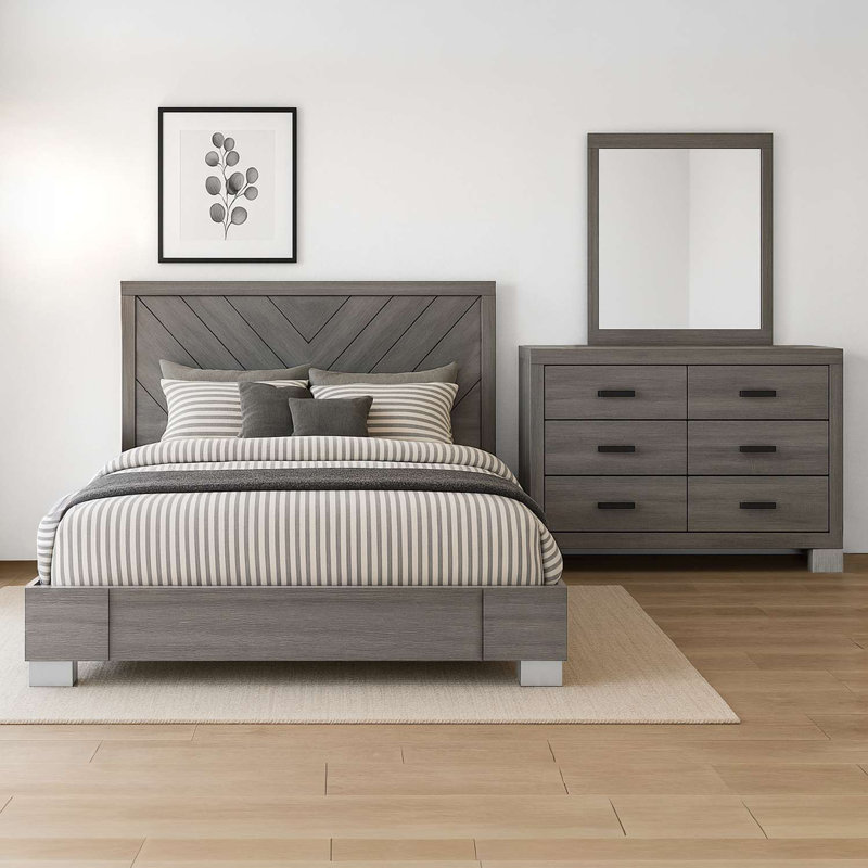 Ensemble de chambre avec grand lit 3 pièces en chêne gris contemporain avec tête de lit, commode et miroir, Grand lit