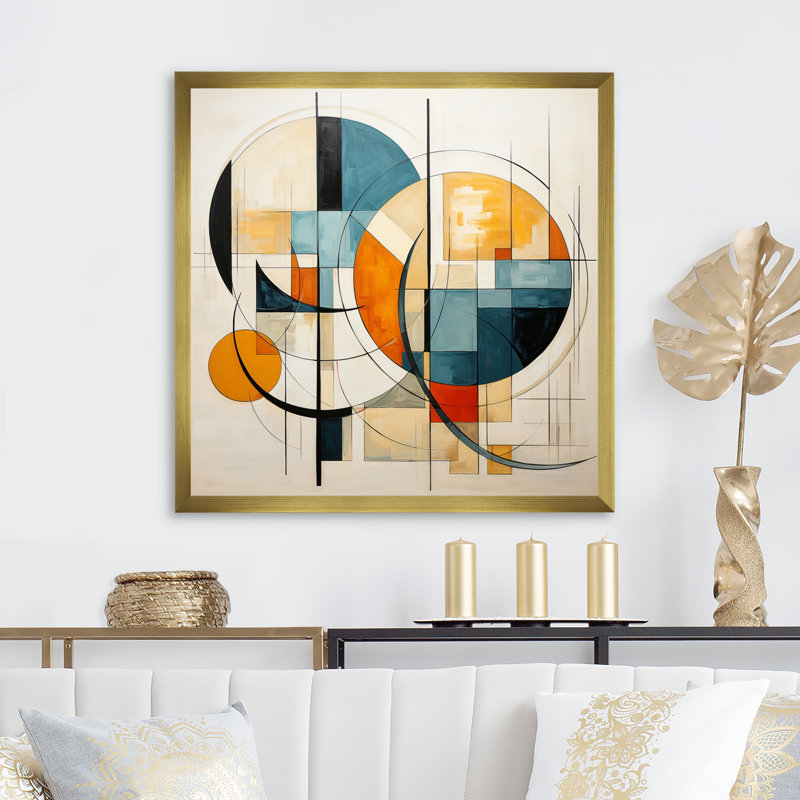 Orange Blue Mid Century Harmony In Geometry II - Mid-Century Wall Art Prints, H 36 po x l 36 po x P 1,5 po, Encadrement doré