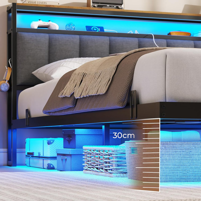 Bed FrameFloating bed with LED and charging station(3 USB ports and 1 Type-C Port), Metal Bed Frame with Storage Space Underneath and Upholstered Headboard