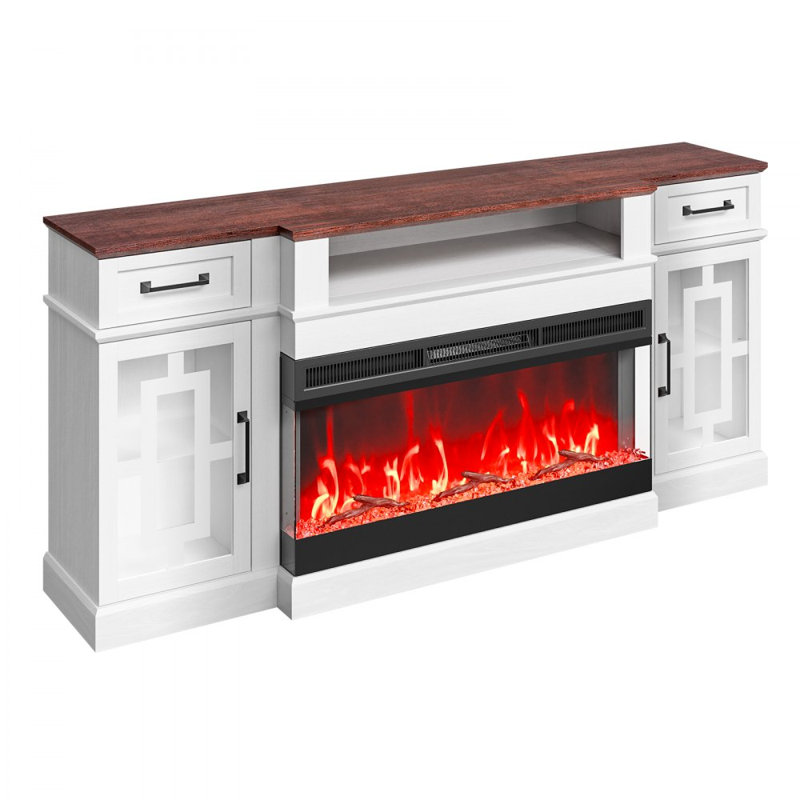 80 in Fireplace TV Stand 20 LED Lights Remote Control & Timer, White/Brown