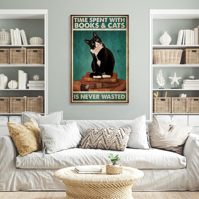 «Vintage Black Cat Time Spent with Livres and Cats is Never W gaste», impression sur toile tendue