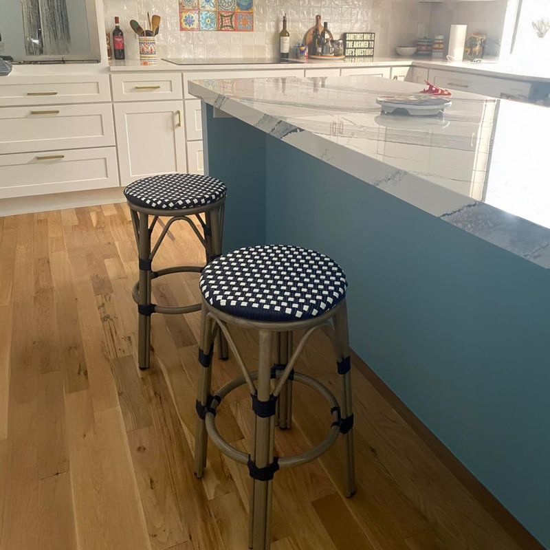  Ensemble de 2 tabourets de bar ronds en rotin, 29.53", Bleu marine / blanc