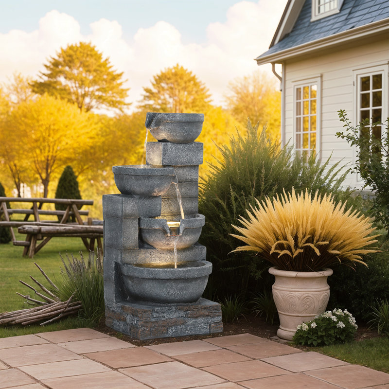 Outdoor Water Fountain with LED, Cascading Bowls Waterfall, Grey