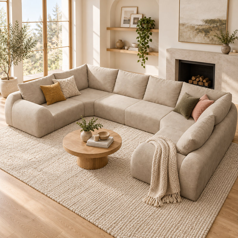 Canapé d'angle modulaire en forme de U Chenivue de 344 cm (135,5 pouces), canapé surdimensionné 6 places en chenille effet nuage avec assise profonde, mousse haute résilience comprimée sous vide, structure souple sans ossature