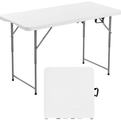 Table de pique-nique portable en plastique de 120 cm avec poignée, idéale pour les pique-niques et les activités de plein air. Capacité : 6 personnes. Trois hauteurs réglables. Surface imperméable à haute densité. Pliable pour utilisation à l’intérieur.