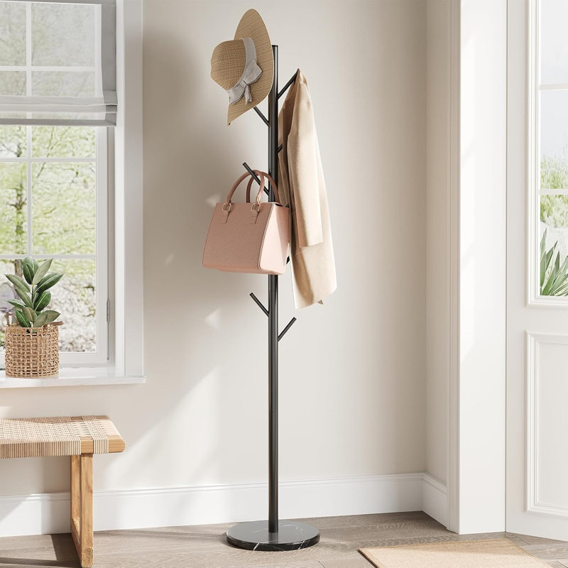 Adjustable Height Freestanding Coat Rack with Natural Marble Base, Metal Hall Tree with 10 Hooks