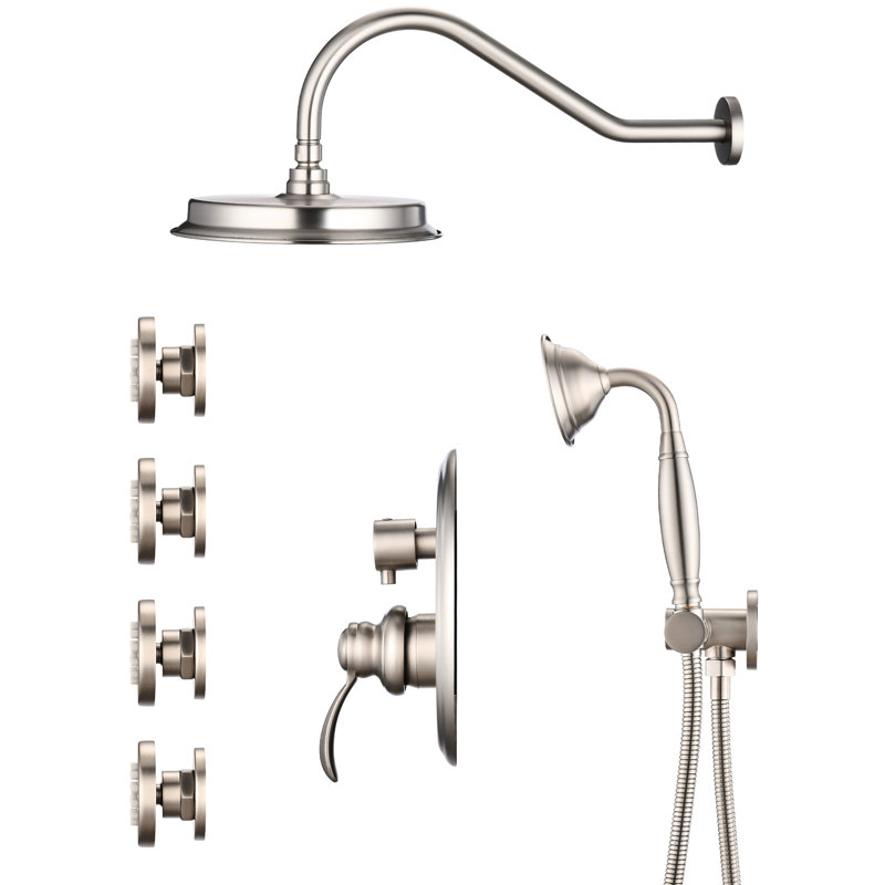Luxury Bathroom Shower Fixture In Brushed Nickel With Soft Rubber Holes And Body Jet Knob Handle, Spray Included Hand