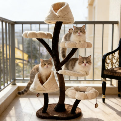 Premium Sisal & Plush Multi-Level Cat Tree with Condo, Perches & Dangling Toys - Natural Tree-Style Cat Tower for Large Cats, Modern Pet Furniture for Living Room or Balcony