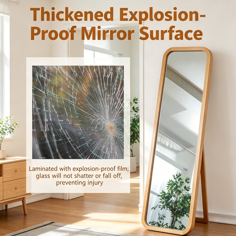 Miroir sur pied pleine longueur en bois de hêtre massif, fini bois naturel, miroir 2 en 1 à poser et à fixer au mur, idéal pour la décoration de la chambre, du dressing ou de l'entrée.