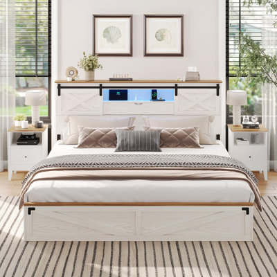 White King Farmhouse Master Bedroom Bed Frame, Sliding Barn Door Storage Headboard with Charging Station & LED Lights, Wooden Platform Bed with 2 Under‑Bed Drawers, No Box Spring Needed