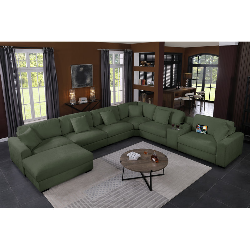 Canapé modulaire d'angle rembourré moderne avec consoles, H 36 po x l 162 po x P 137 po, Chenille vert poussiéreux