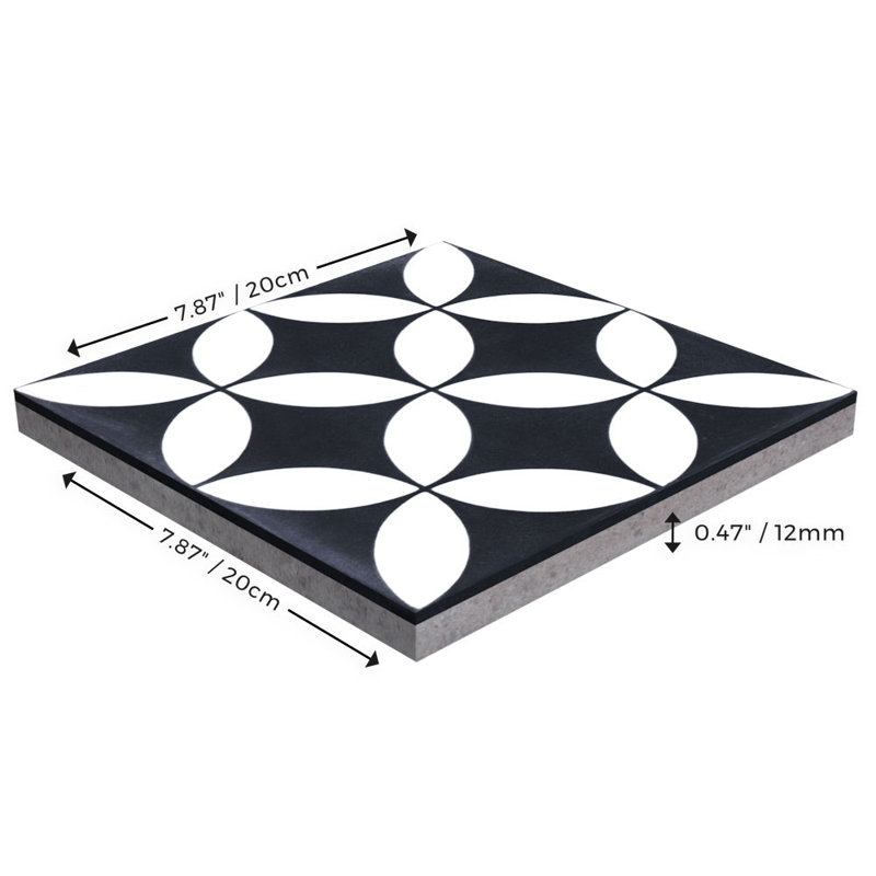 Circulos 8" x 8" Cement Patterned Wall & Floor Tile, Black/White Evening