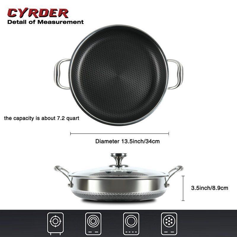  Large Hybrid Nonstick Deep Frying Pan-13inch 316L Stainless Steel Sauté Pan and Lid, Two Handle Hold, PFOA Free, Dishwasher Oven Safe, Cookware to Stir fry/Toast/Roast/Bake/Stew, 7.2-Quart 
