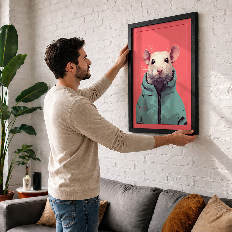 Rat in Turquoise Modern 1 Piece Single Picture Frame Wall Art, A3 - 42.0 x 29.7 cm, Black