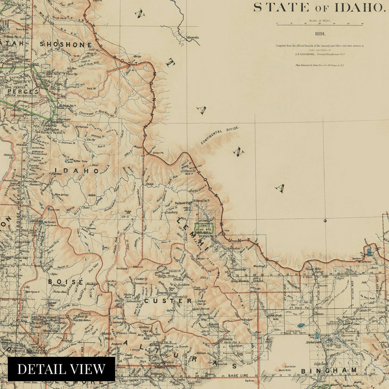 1891, impression de carte de l'Idaho - vieille carte de l'Idaho, affiche d'art mural - carte de l'État de l'Idaho