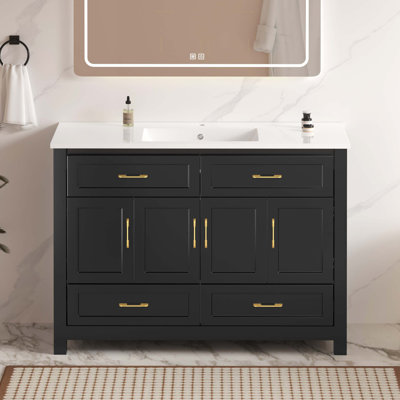 Meuble-lavabo de salle de bain avec lavabo en résine intégré et grand espace de rangement