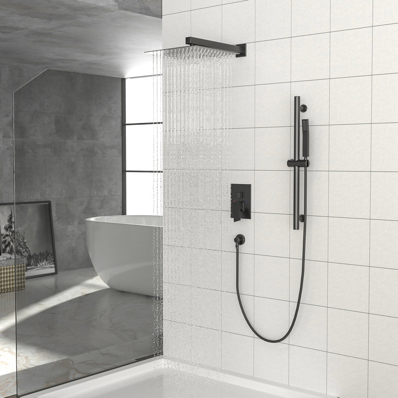 12 Inch Square Matte Black Shower - Wall Mounted With Adjustable Slide, Rainfall Head, And Handheld Option Holder Spray