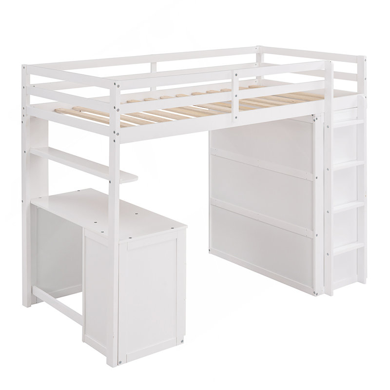 Lit mezzanine avec tiroirs, bureau et garde-robe, Lit simple, Blanc