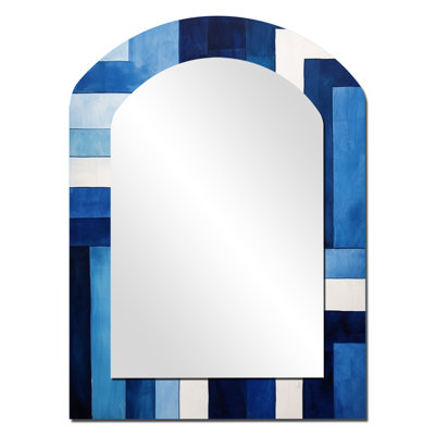 Blue White Sapphire Symmetry - Abstract Shapes Asymmetrical Large Wall Mirror, Modern Arch Unique Mirror, Printed Metal Art