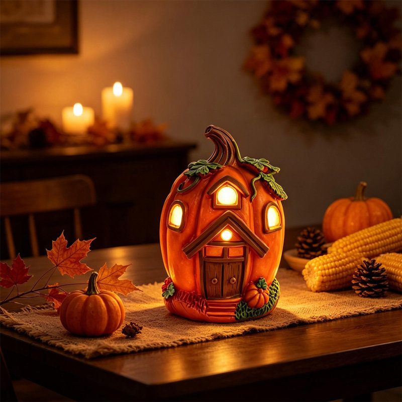 Thanksgiving Pumpkin House LED Night Light Résine Cottage Lampe de bureau Décoration de bureau pour chambre à coucher Jardin cadeau
