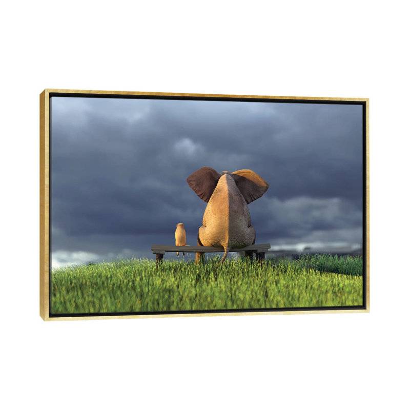 « Elephant and Dog sit on Green Grass Field » par Mike Kiev, reproduction d’art, H 18 po x l 26 po x P 1,5 po, Aucun mat