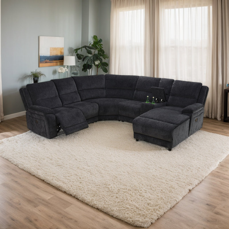 Canapé modulaire gris anthracite 6 pièces avec méridienne, fauteuils inclinables et console