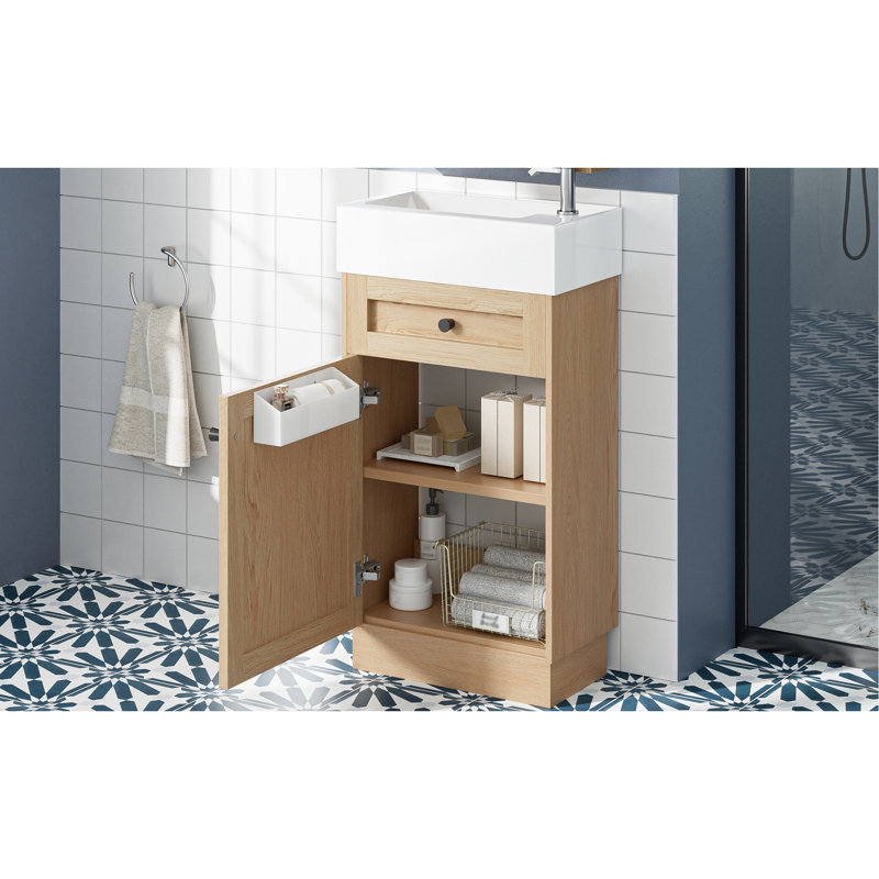 Meuble-lavabo rustique de 18,5 po avec lavabo en résine réversible, armoire en matériau, tablettes réglables pour un rangement flexible, poignées en alliage de zinc, finition grain de bois, armoires silencieuses à charnières à fermeture en douceur, tablette