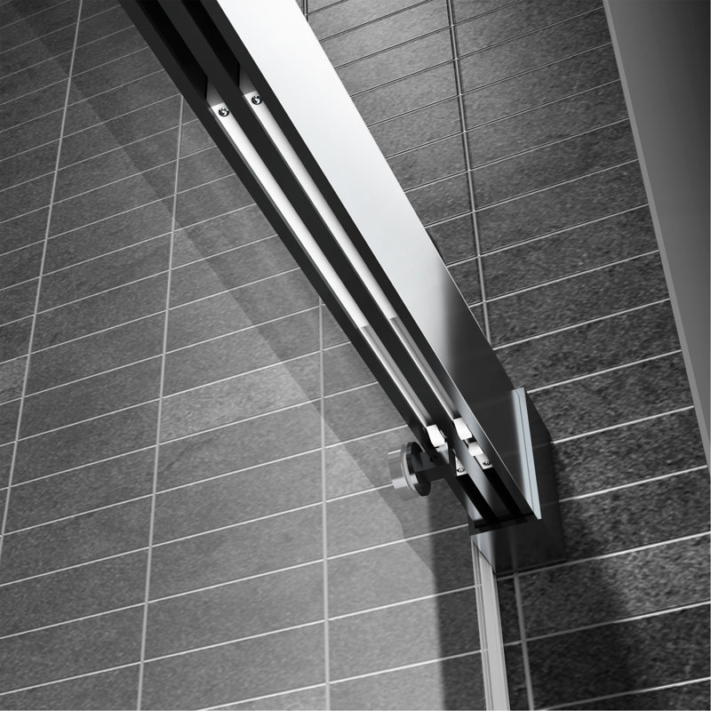 Porte de douche sans cadre à double coulissement 68-72 x 76 po en nickel brossé avec fermeture en douceur et verre transparent de 3/8 po