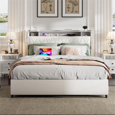 Cadre de grand lit avec tête de lit ergonomique, cadre de lit plateforme grand avec prises et chargeur, cadre de lit en métal grand avec tablette de rangement, silencieux, aucun sommier nécessaire