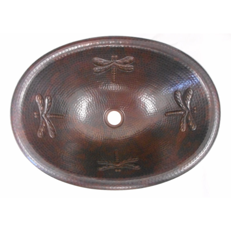 19" Oval Aged Copper Bathroom Sink With Dragonfly Design
