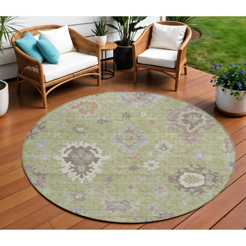 Tapis d'intérieur rond lavable floral 8 pi beige artichaut