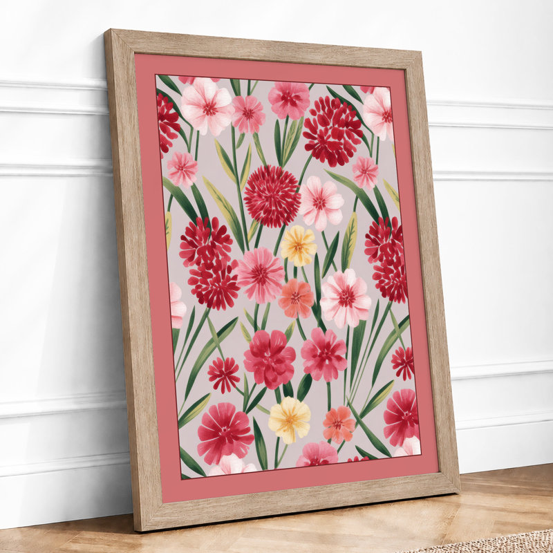 Crimson Carnation Bloom Botanical - Framed Print, A4 - 29.7 x 21.0 cm, Oak