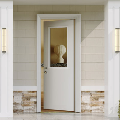 Entry Door Slab with Deadbolt Lock - 1 Lite Clear Glass White Primed Solid Wood Door (Single-Key System)