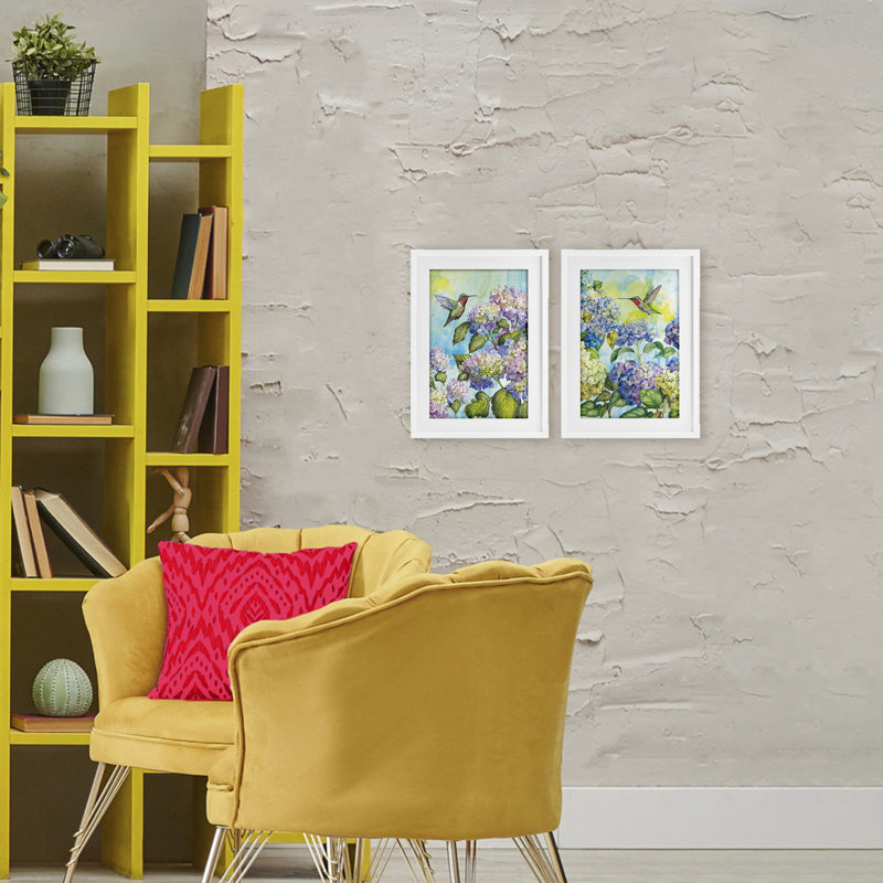 Hummingbirds and Hydrangeas, ensemble de 2 reproductions encadrées sous verre, par Tim Coffey, H 20 po x l 14 po