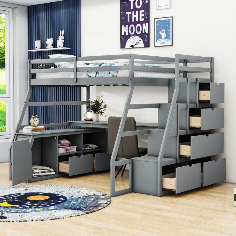 Ginnette 7 Drawer Loft Bed with Built-in-Desk by Harriet Bee, Full, Gray