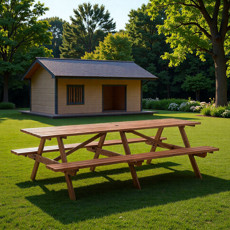 Table de patio en bois pour 12 personnes avec bancs et trou pour parasol