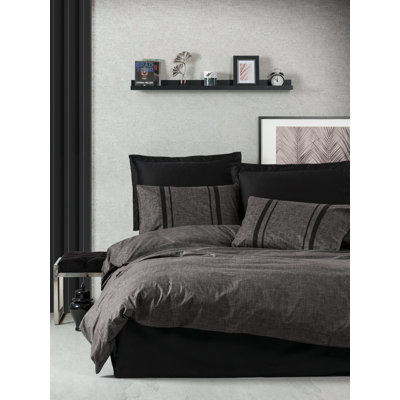 Ensemble de housse de courtepointe 100% coton Ranforce, anthracite et noir | Comprend une housse de couette 63 x 87, un drap plat 63 x 94 et une taie d'oreiller 19,7 x 27,6 | Impression réactive, lavable à la machine, fermeture à boutons | Conception douce et durable
